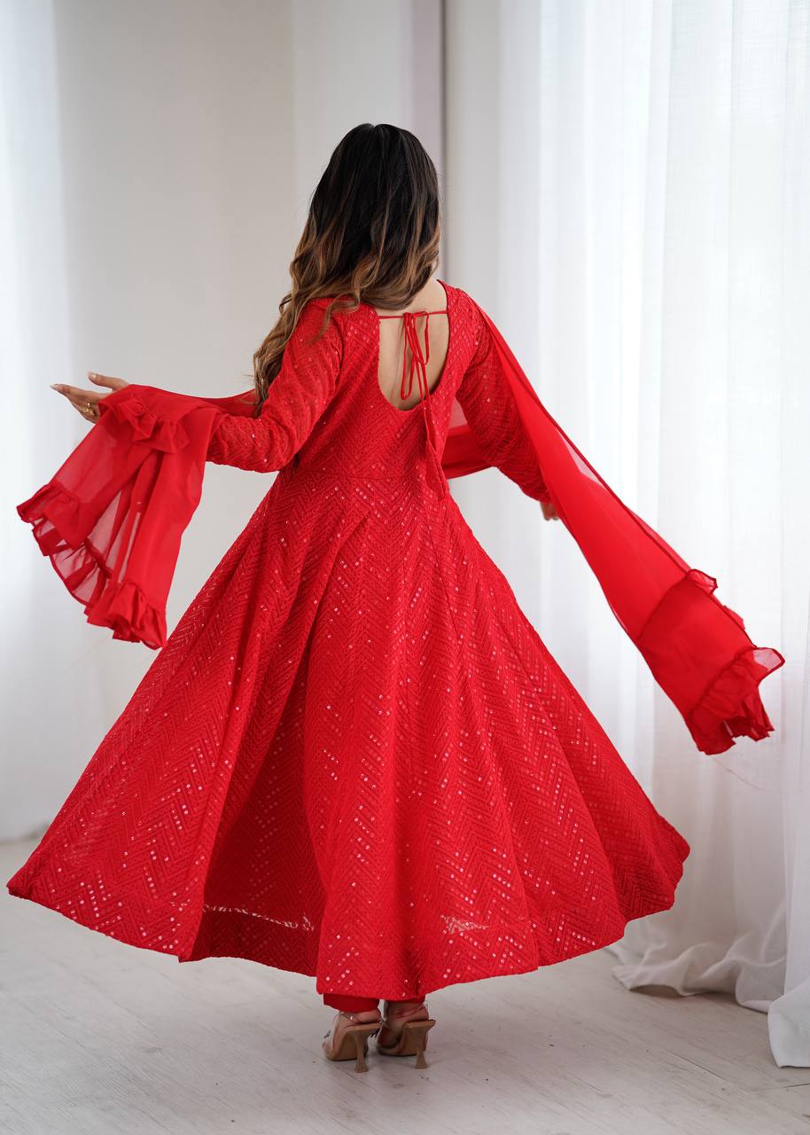 Red Premium Fox Georgette Lucknowi Sequence Work Anarkali Set