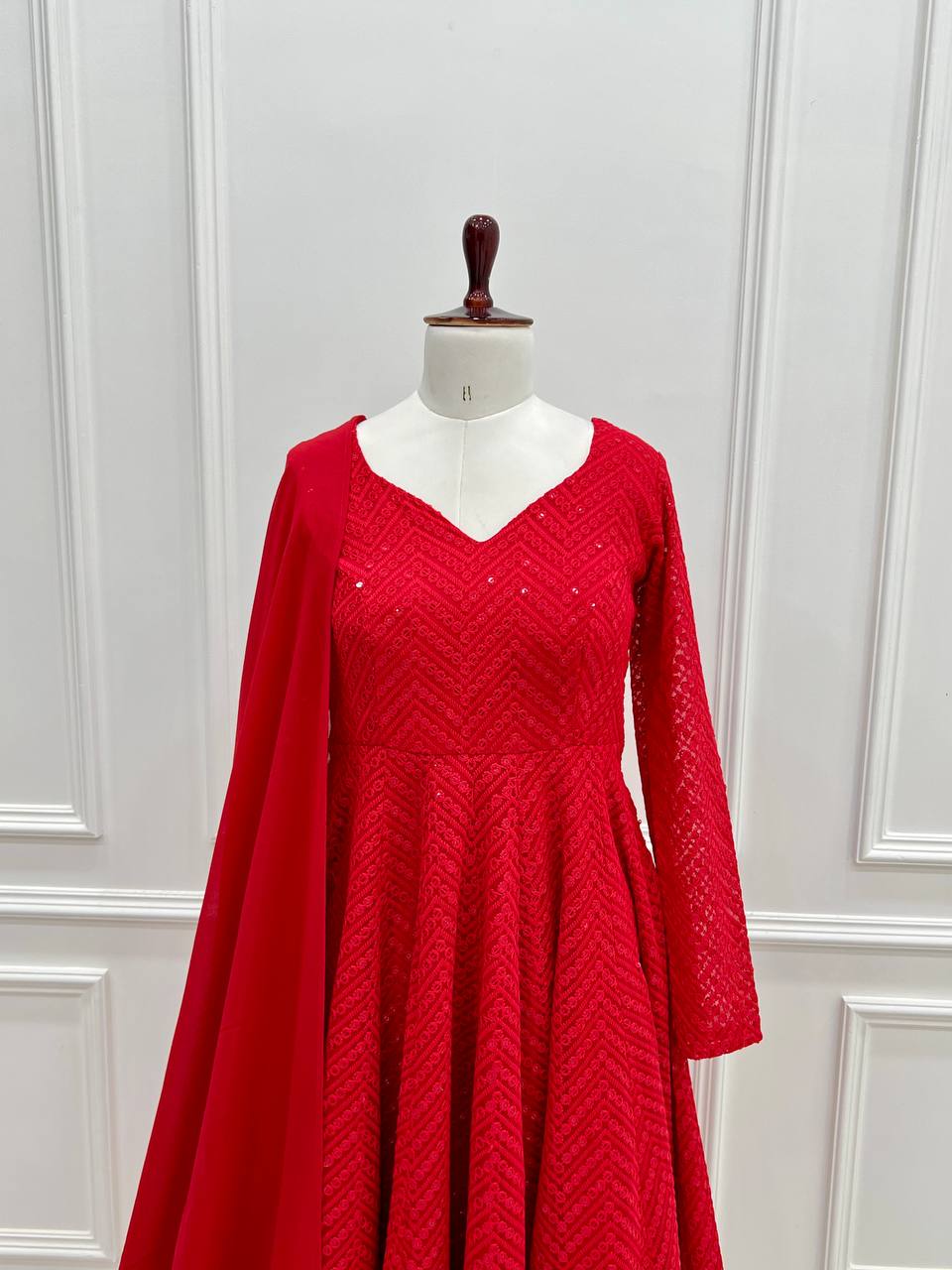 Red Premium Fox Georgette Lucknowi Sequence Work Anarkali Set