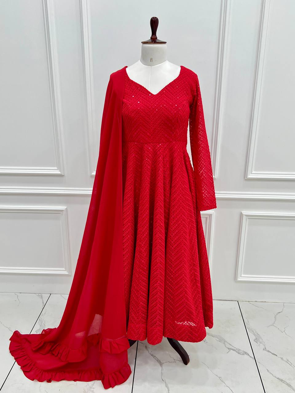 Red Premium Fox Georgette Lucknowi Sequence Work Anarkali Set