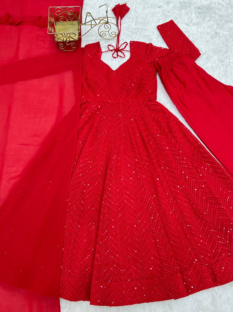 Red Premium Fox Georgette Lucknowi Sequence Work Anarkali Set