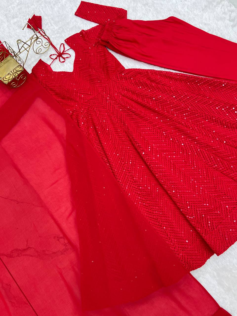 Red Premium Fox Georgette Lucknowi Sequence Work Anarkali Set
