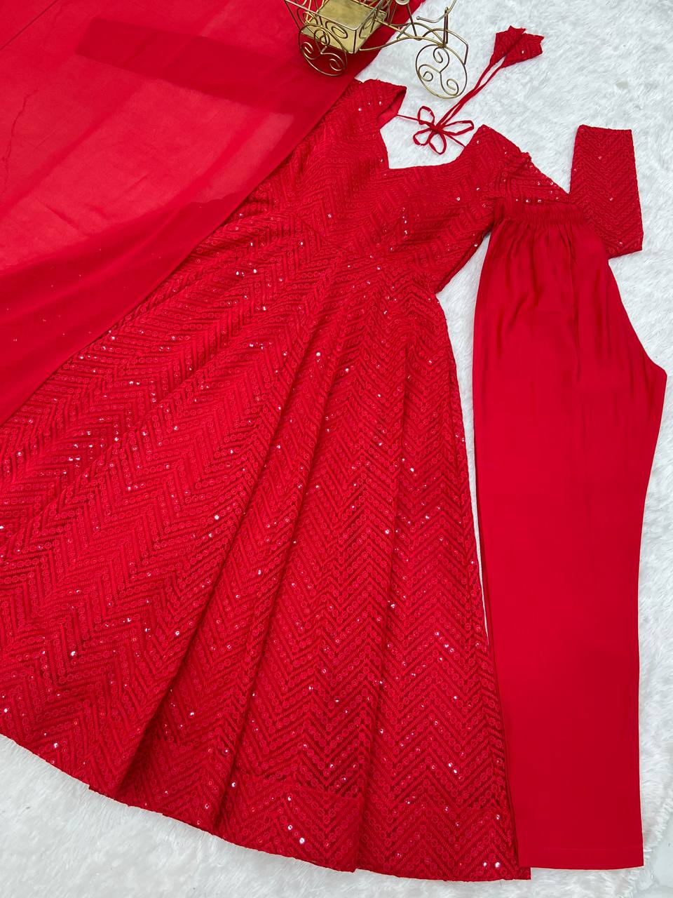 Red Premium Fox Georgette Lucknowi Sequence Work Anarkali Set