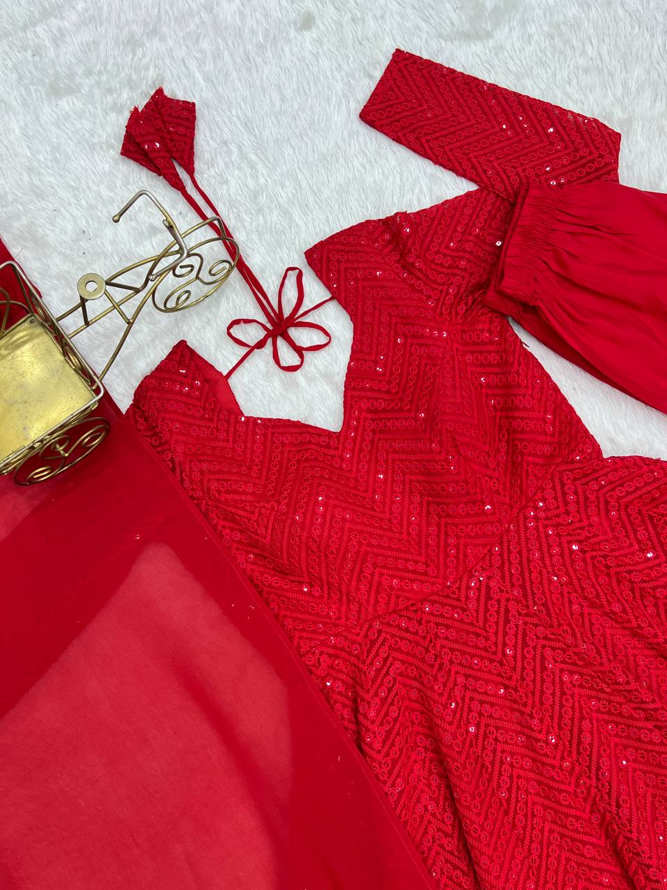 Red Premium Fox Georgette Lucknowi Sequence Work Anarkali Set