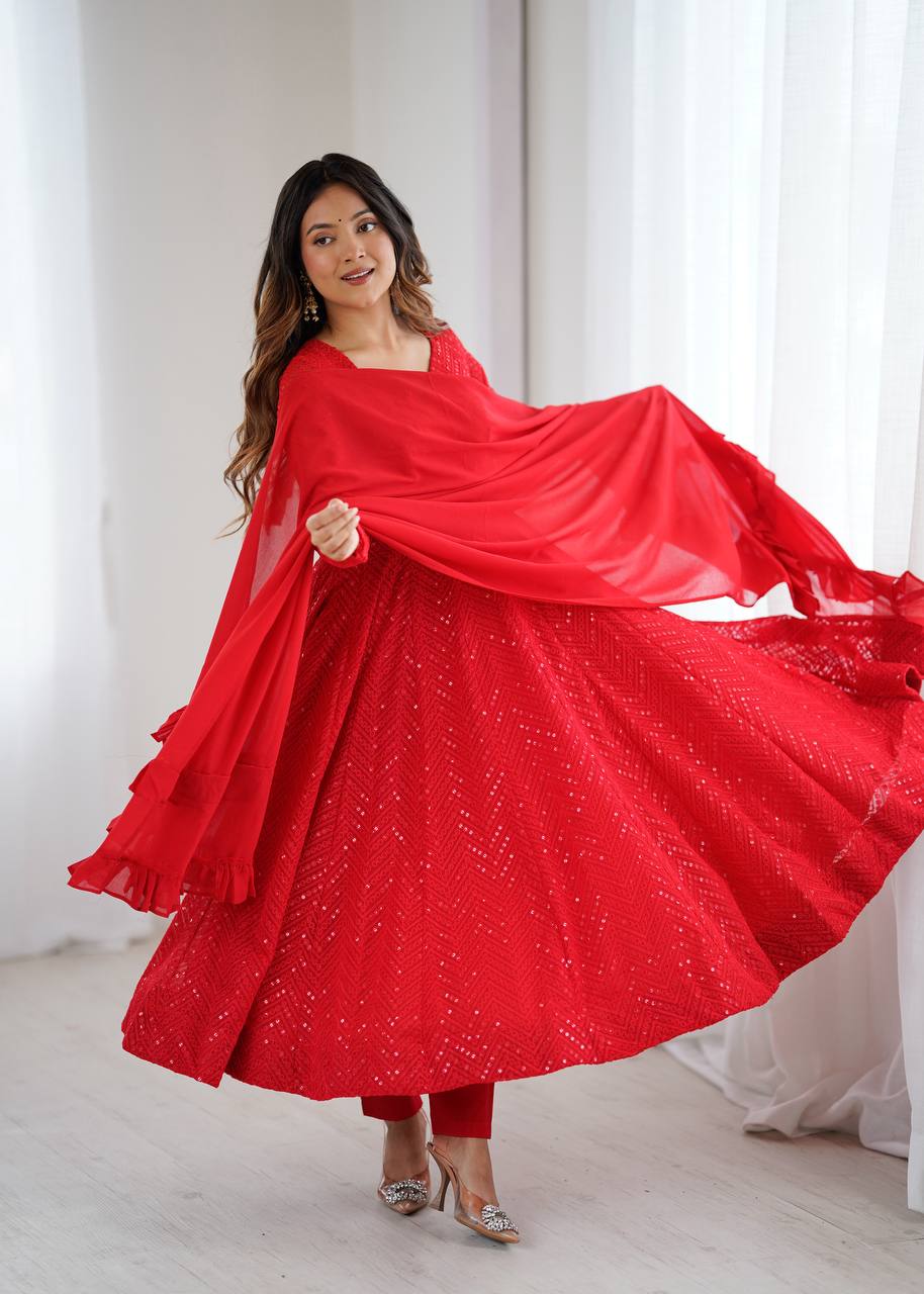 Red Premium Fox Georgette Lucknowi Sequence Work Anarkali Set