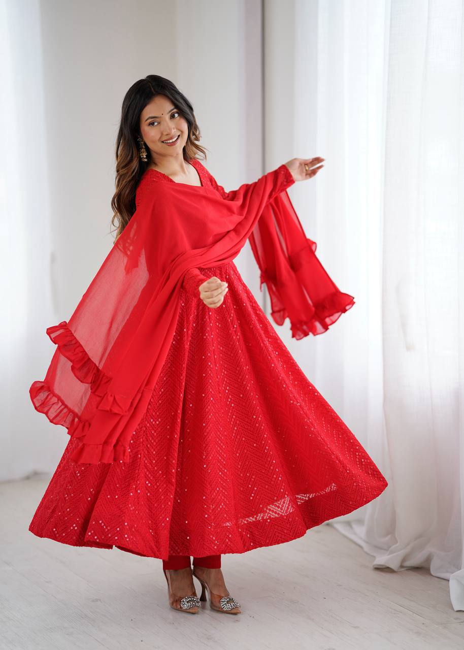 Red Premium Fox Georgette Lucknowi Sequence Work Anarkali Set