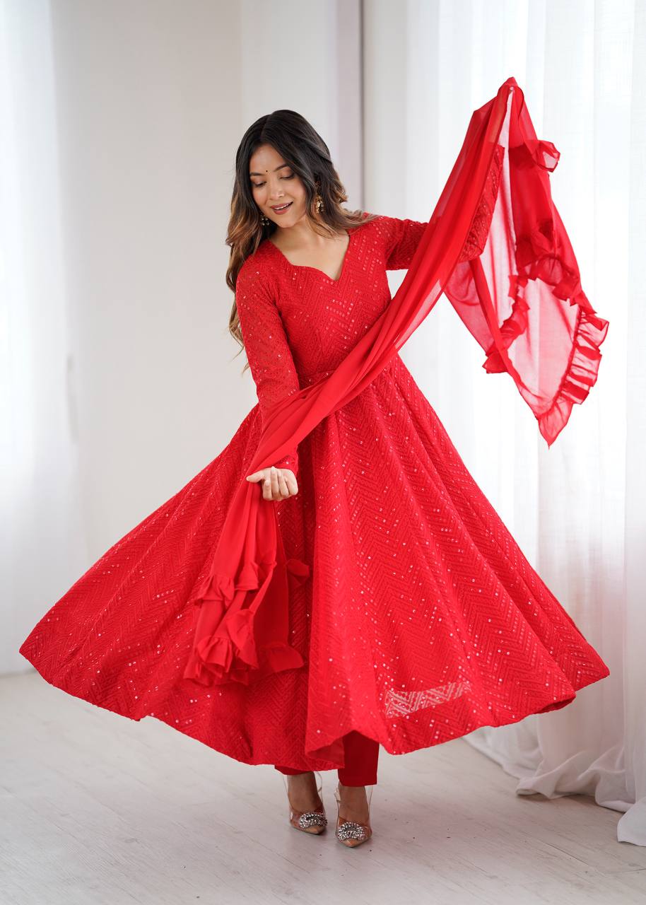 Red Premium Fox Georgette Lucknowi Sequence Work Anarkali Set