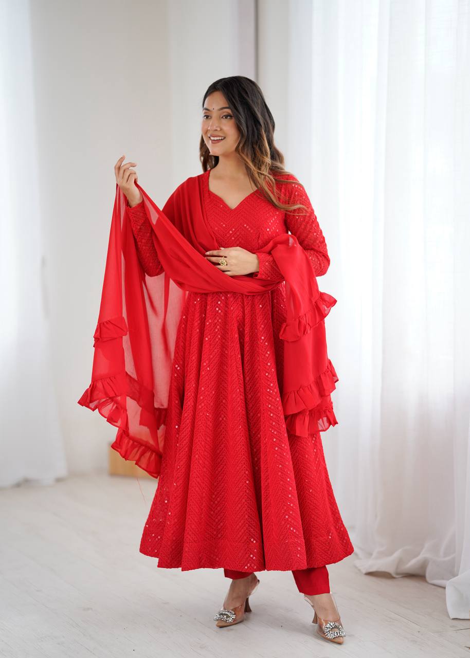 Red Premium Fox Georgette Lucknowi Sequence Work Anarkali Set