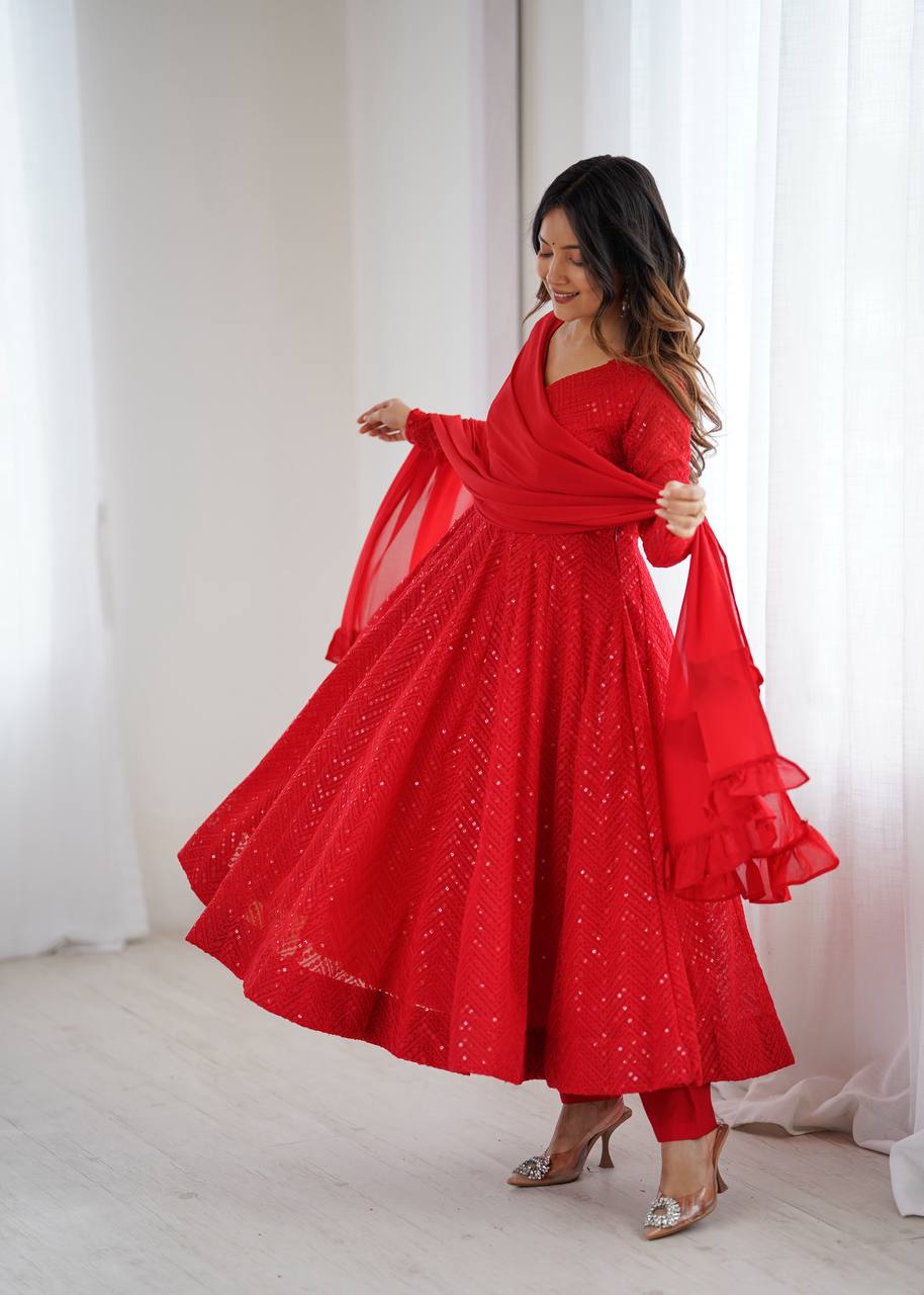 Red Premium Fox Georgette Lucknowi Sequence Work Anarkali Set