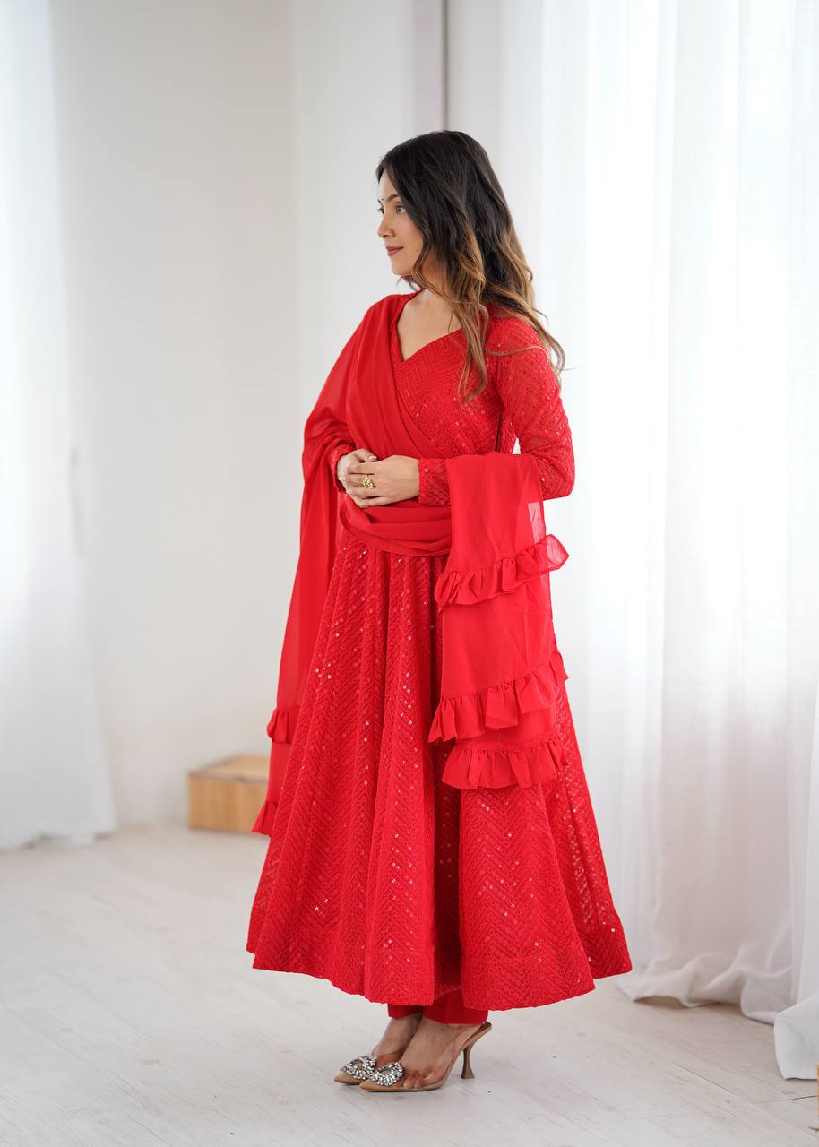 Red Premium Fox Georgette Lucknowi Sequence Work Anarkali Set