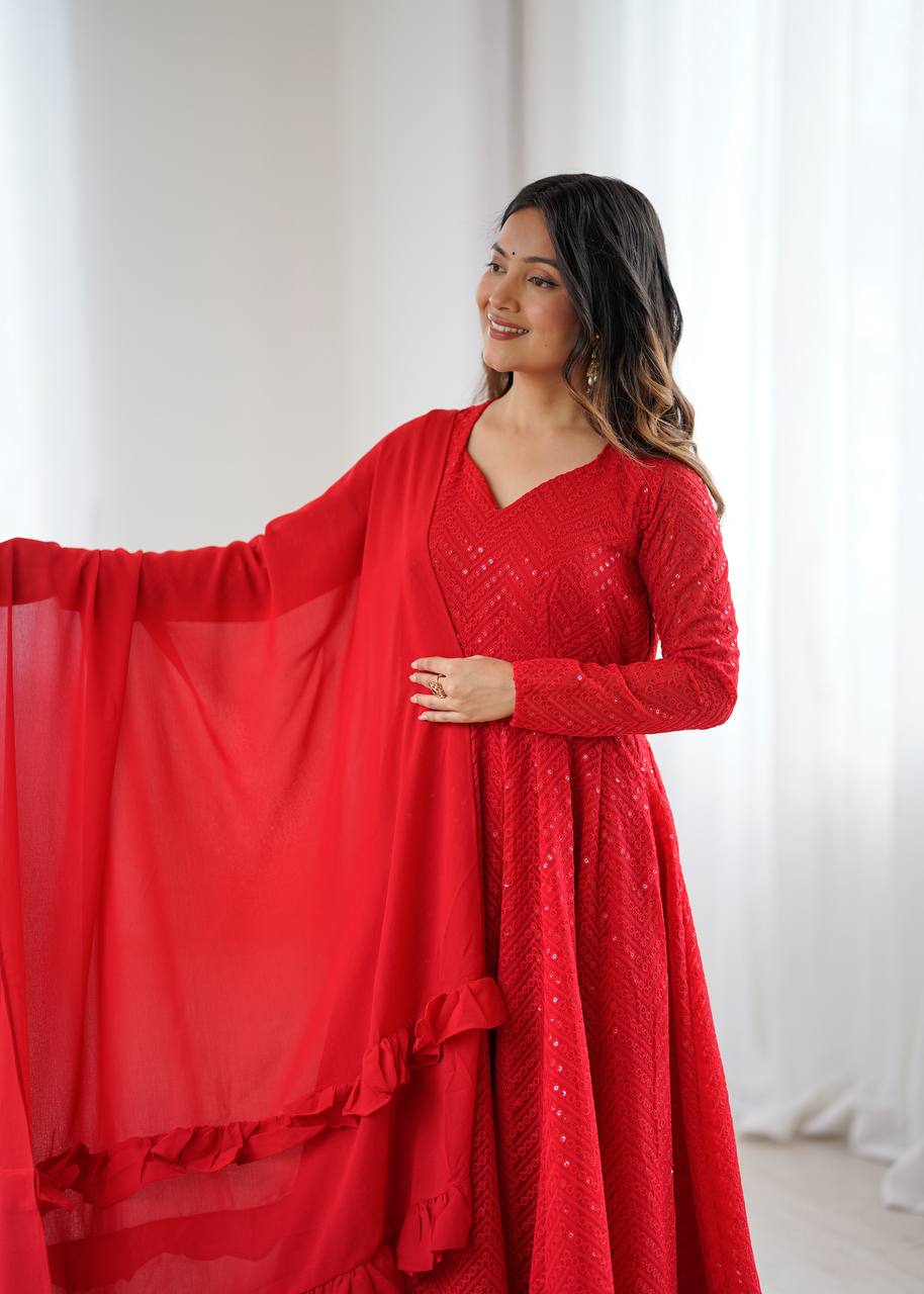 Red Premium Fox Georgette Lucknowi Sequence Work Anarkali Set