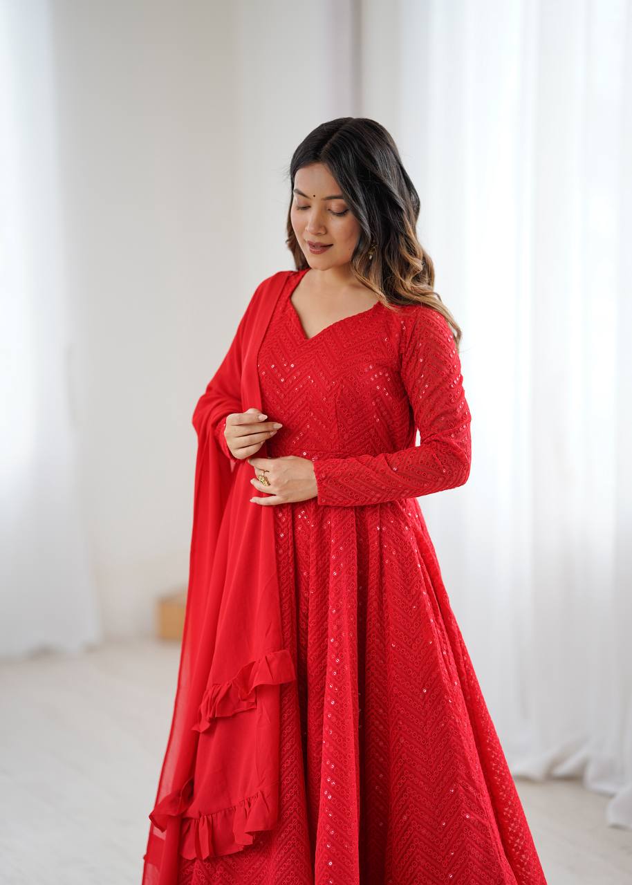 Red Premium Fox Georgette Lucknowi Sequence Work Anarkali Set
