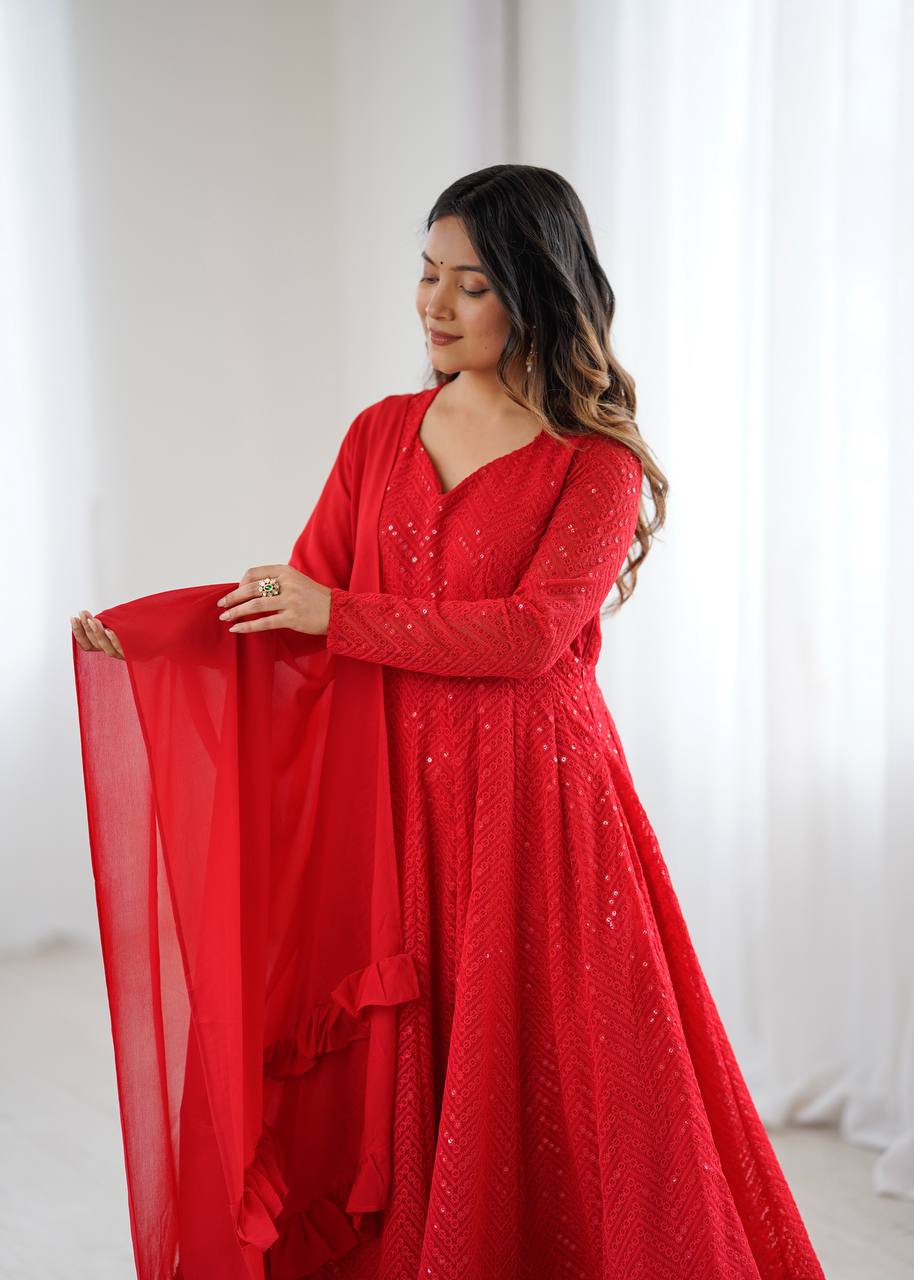 Red Premium Fox Georgette Lucknowi Sequence Work Anarkali Set
