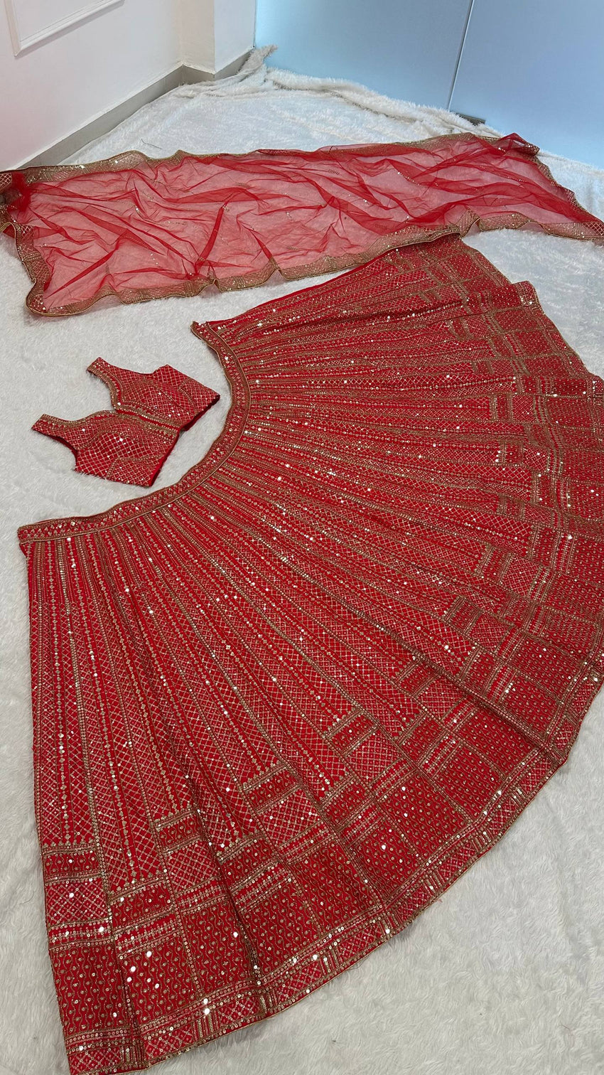 Red Premium Malai Satin Lehenga Choli Set with Heavy Sequins & Dori Embroidery, Unstitched Blouse with Sleeve Work & Net Dupatta – Festive & Wedding Wear