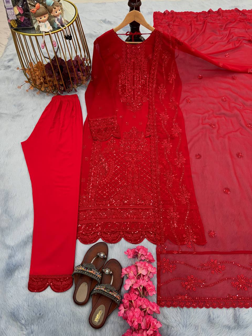 Red Premium Designer Readymade Georgette suit set