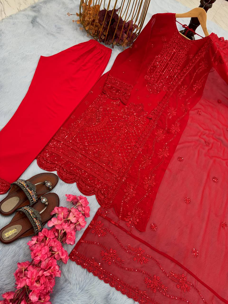 Red Premium Designer Readymade Georgette suit set