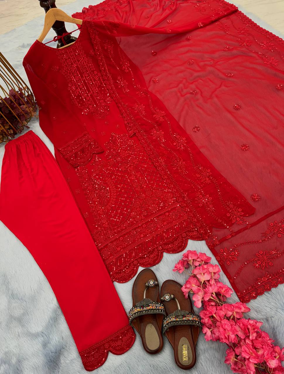 Red Premium Designer Readymade Georgette suit set