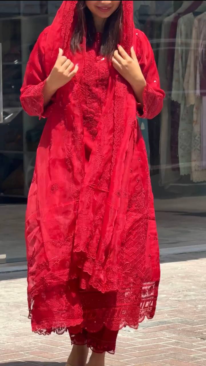 Red Premium Designer Readymade Georgette suit set
