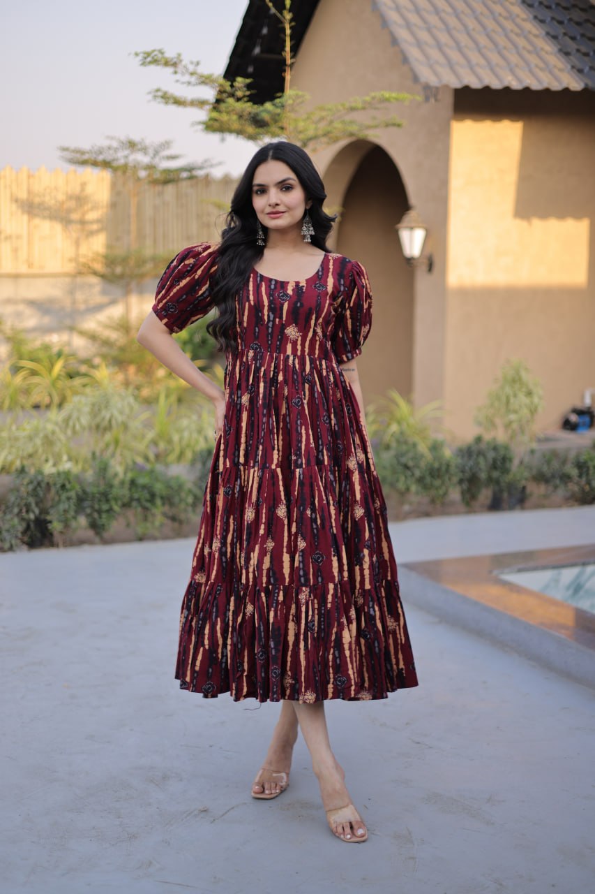 Red Printed Cotton Anarkali Kurti
