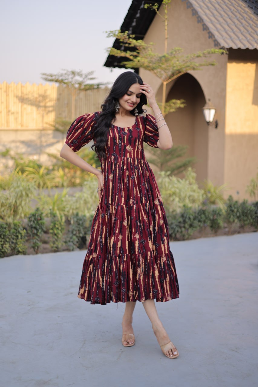 Red Printed Cotton Anarkali Kurti