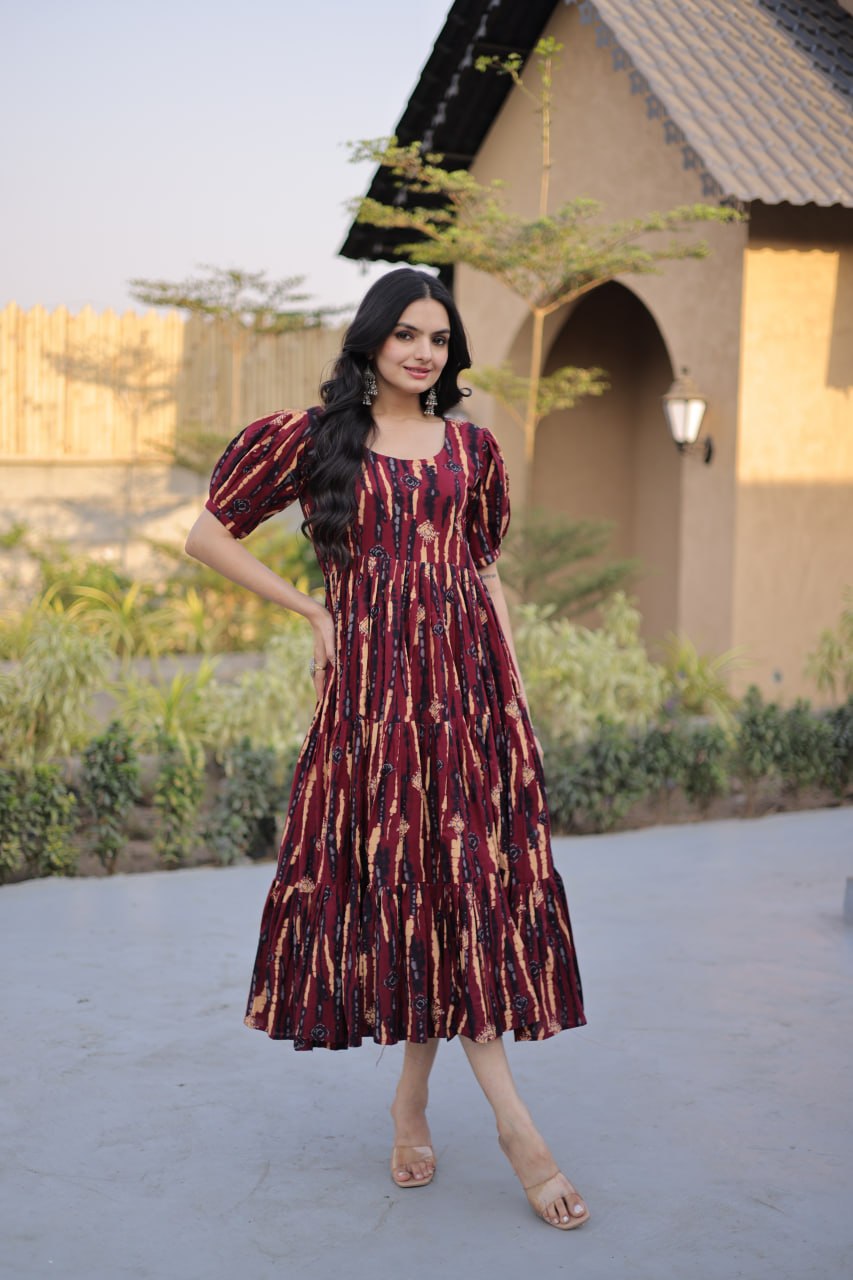 Red Printed Cotton Anarkali Kurti