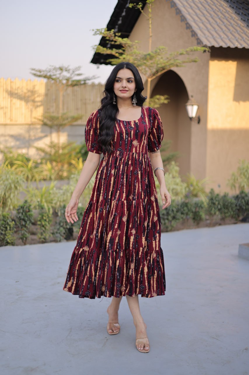 Red Printed Cotton Anarkali Kurti
