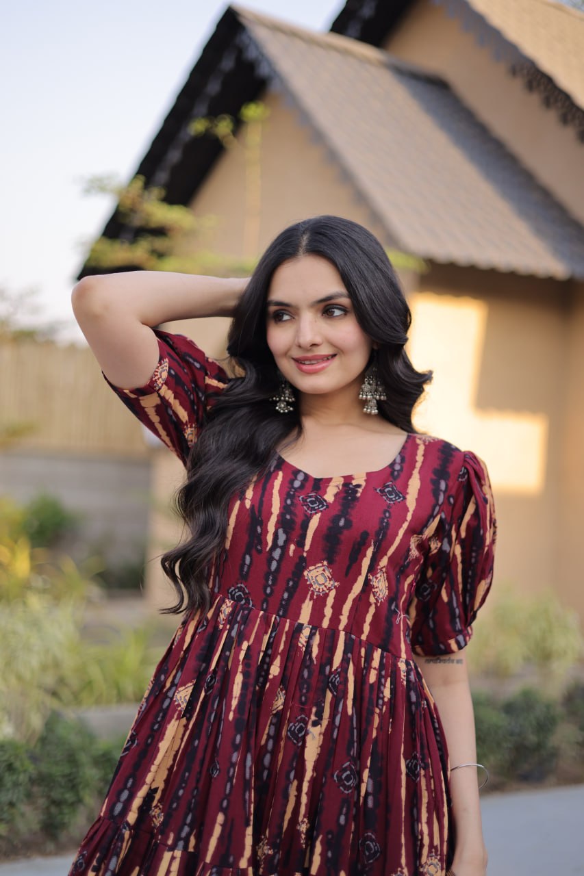 Red Printed Cotton Anarkali Kurti