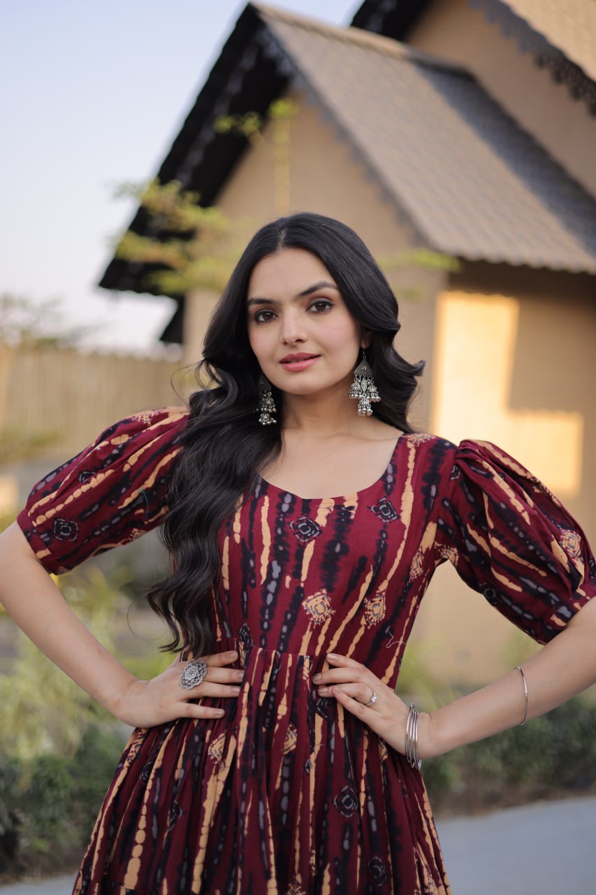 Red Printed Cotton Anarkali Kurti