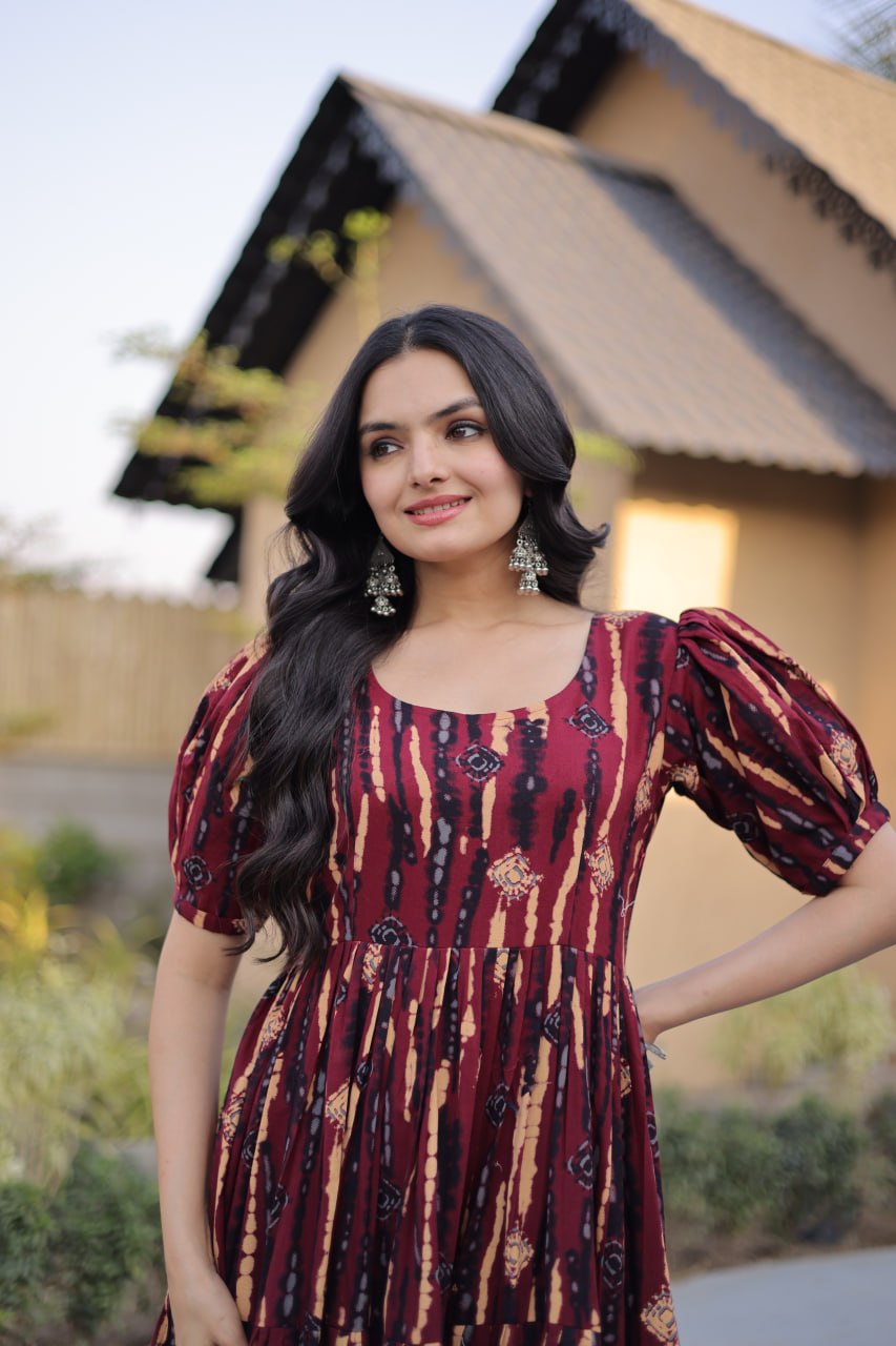 Red Printed Cotton Anarkali Kurti