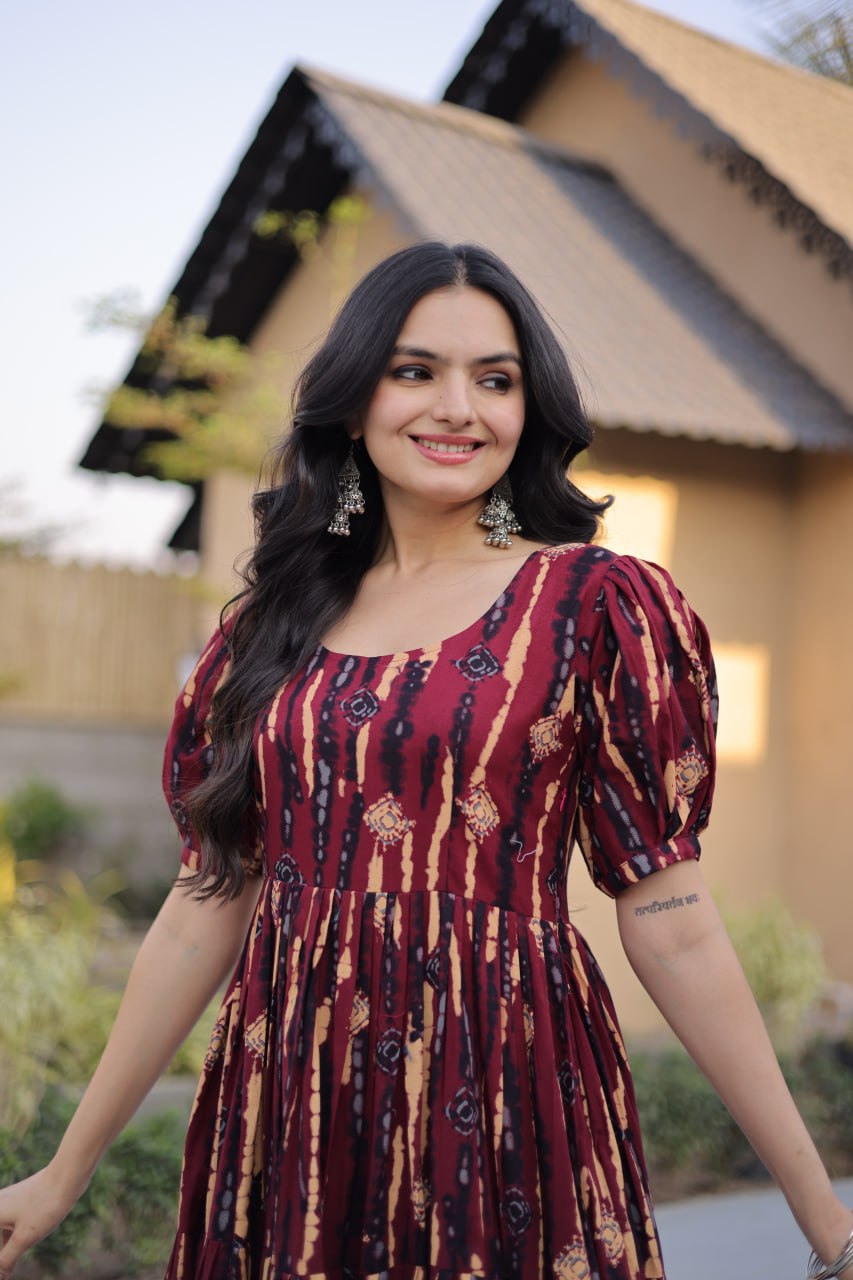 Red Printed Cotton Anarkali Kurti