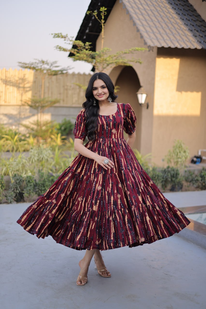Red Printed Cotton Anarkali Kurti