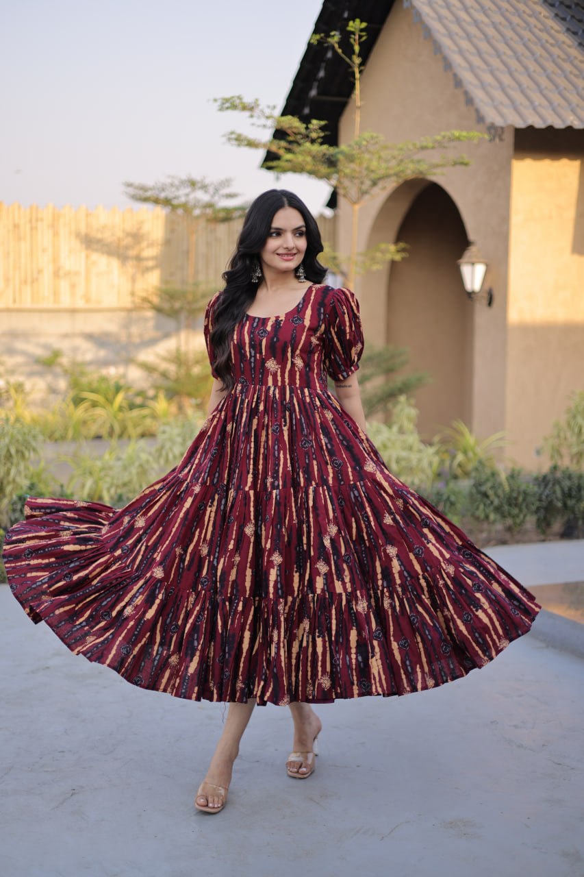 Red Printed Cotton Anarkali Kurti
