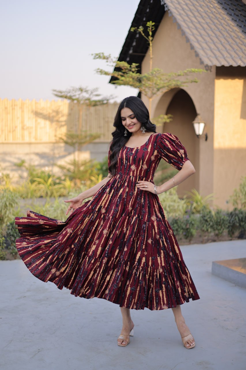 Red Printed Cotton Anarkali Kurti