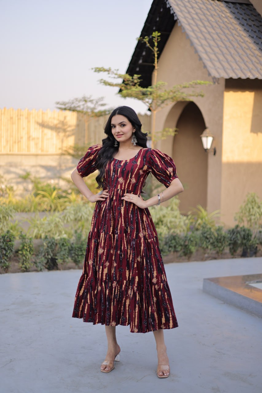 Red Printed Cotton Anarkali Kurti