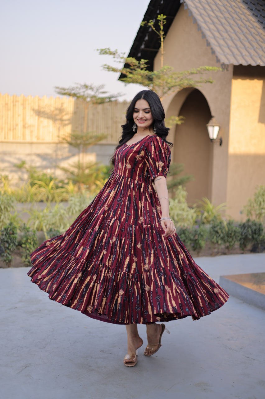 Red Printed Cotton Anarkali Kurti