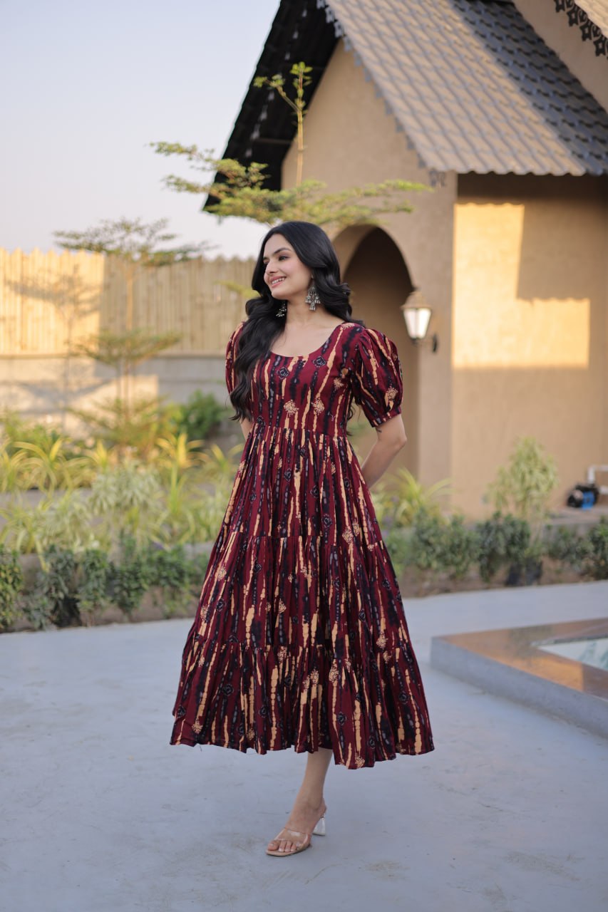 Red Printed Cotton Anarkali Kurti