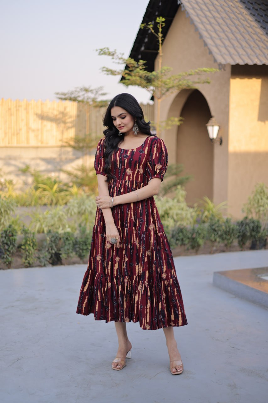 Red Printed Cotton Anarkali Kurti