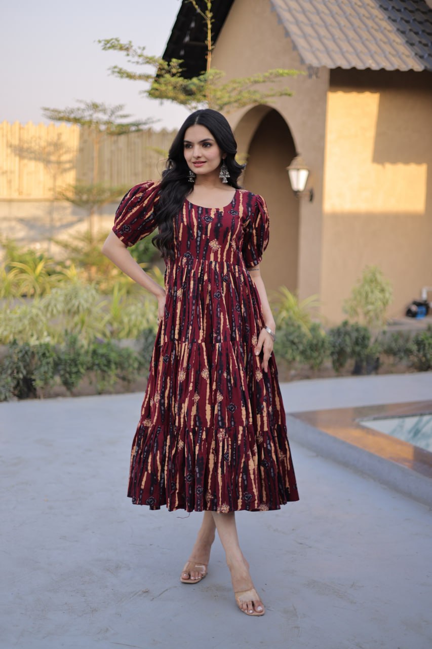 Red Printed Cotton Anarkali Kurti