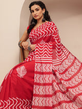 Libas Red Printed Cotton Saree With Unstitched Blouse Piece