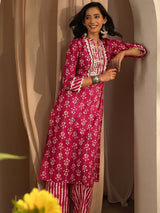 Libas Red Printed Cotton Straight Kurta Set