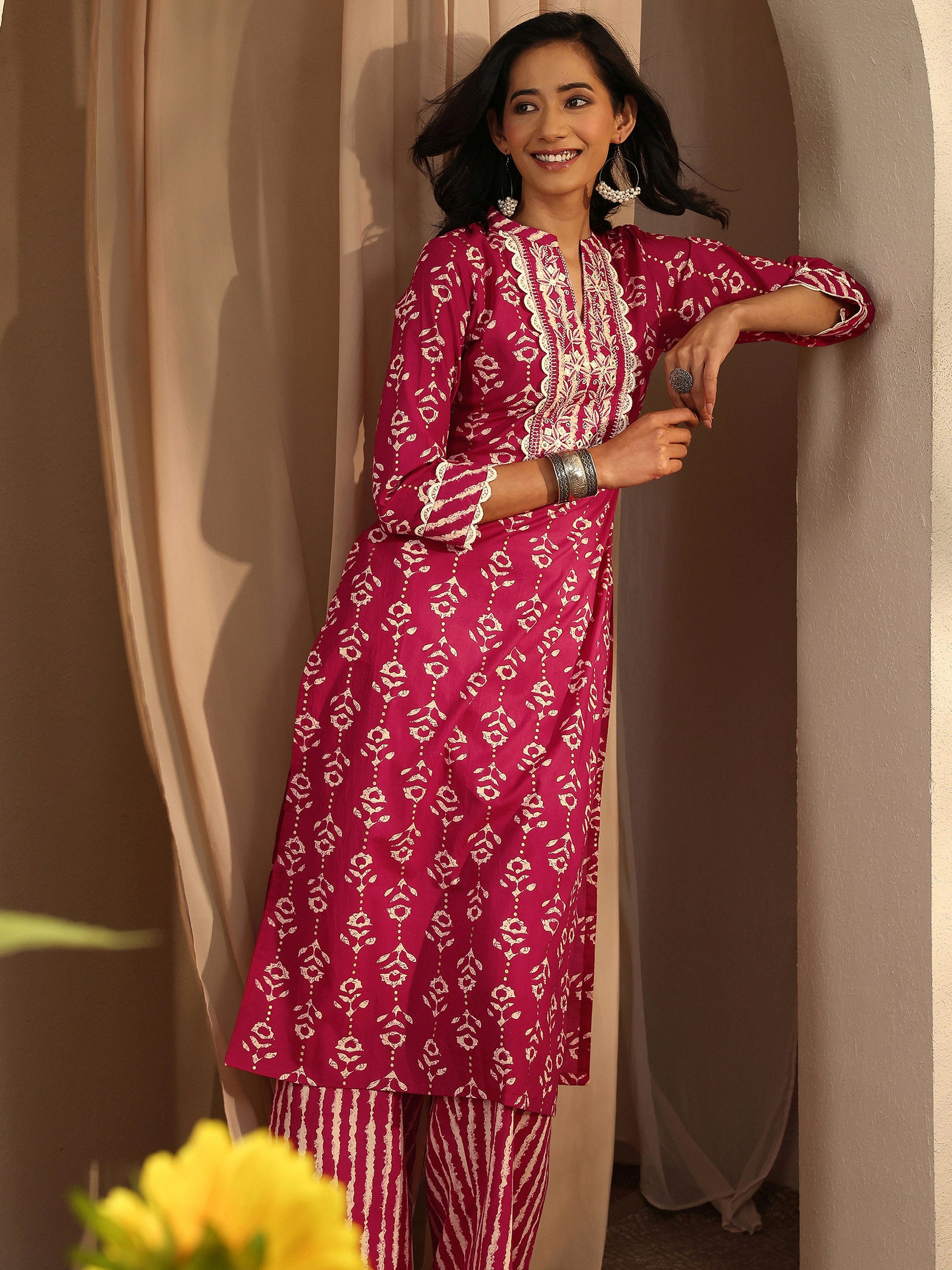 Libas Red Printed Cotton Straight Kurta Set