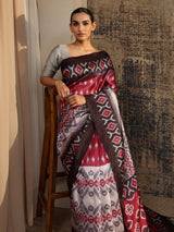 Libas Red Printed Silk Saree With Unstitched Blouse Piece