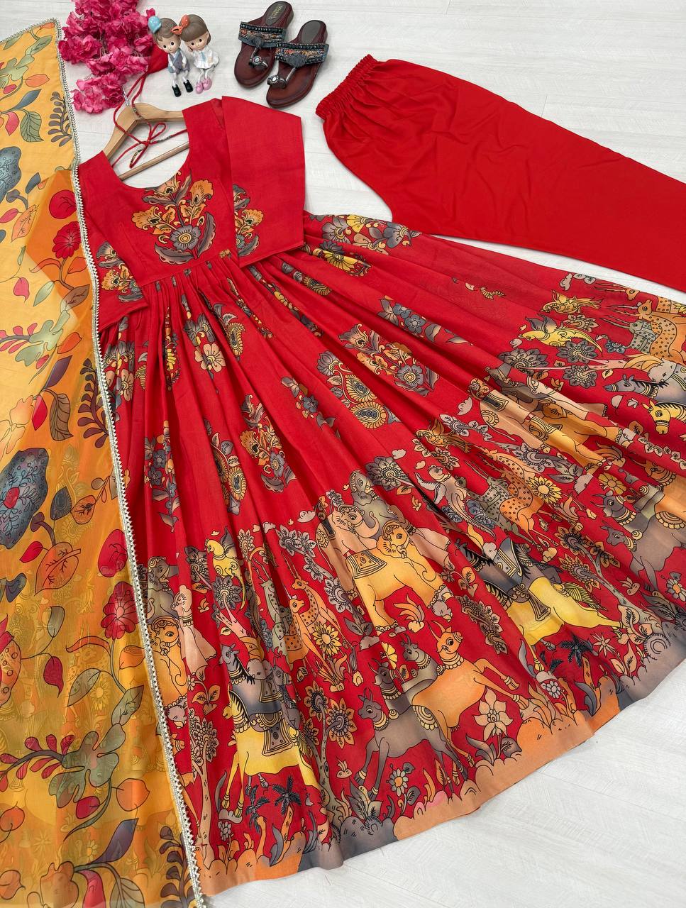 Red Pure Banarasi Silk Digital Print Anarkali Gown with Dupatta Set