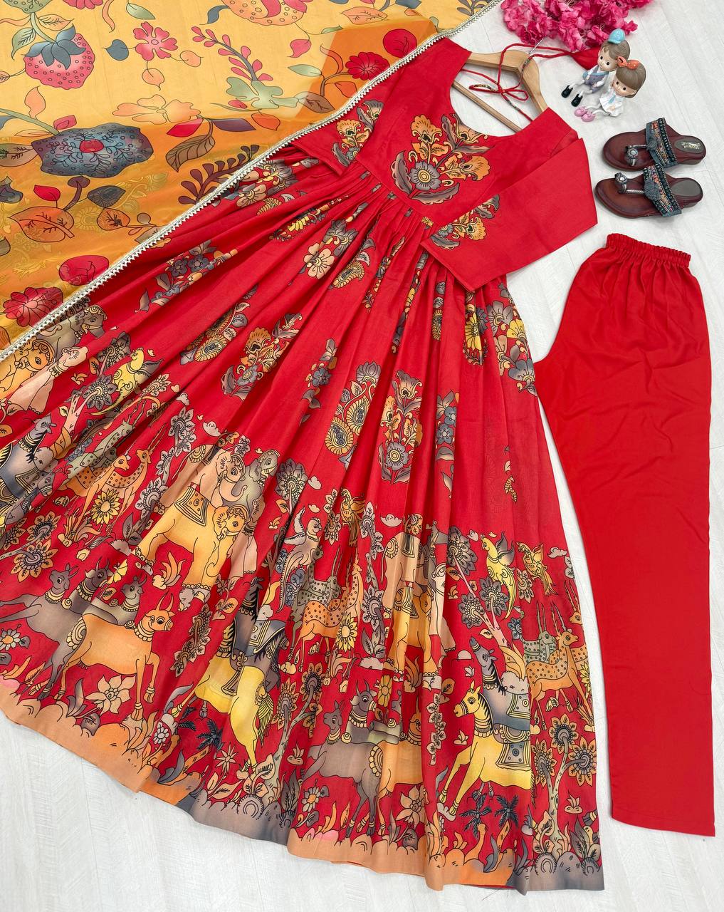 Red Pure Banarasi Silk Digital Print Anarkali Gown with Dupatta Set