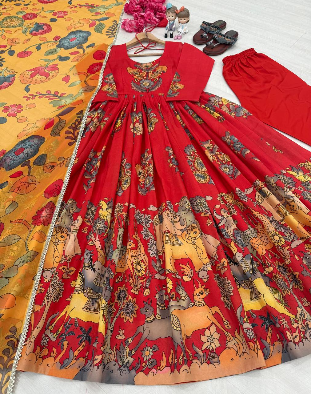Red Pure Banarasi Silk Digital Print Anarkali Gown with Dupatta Set