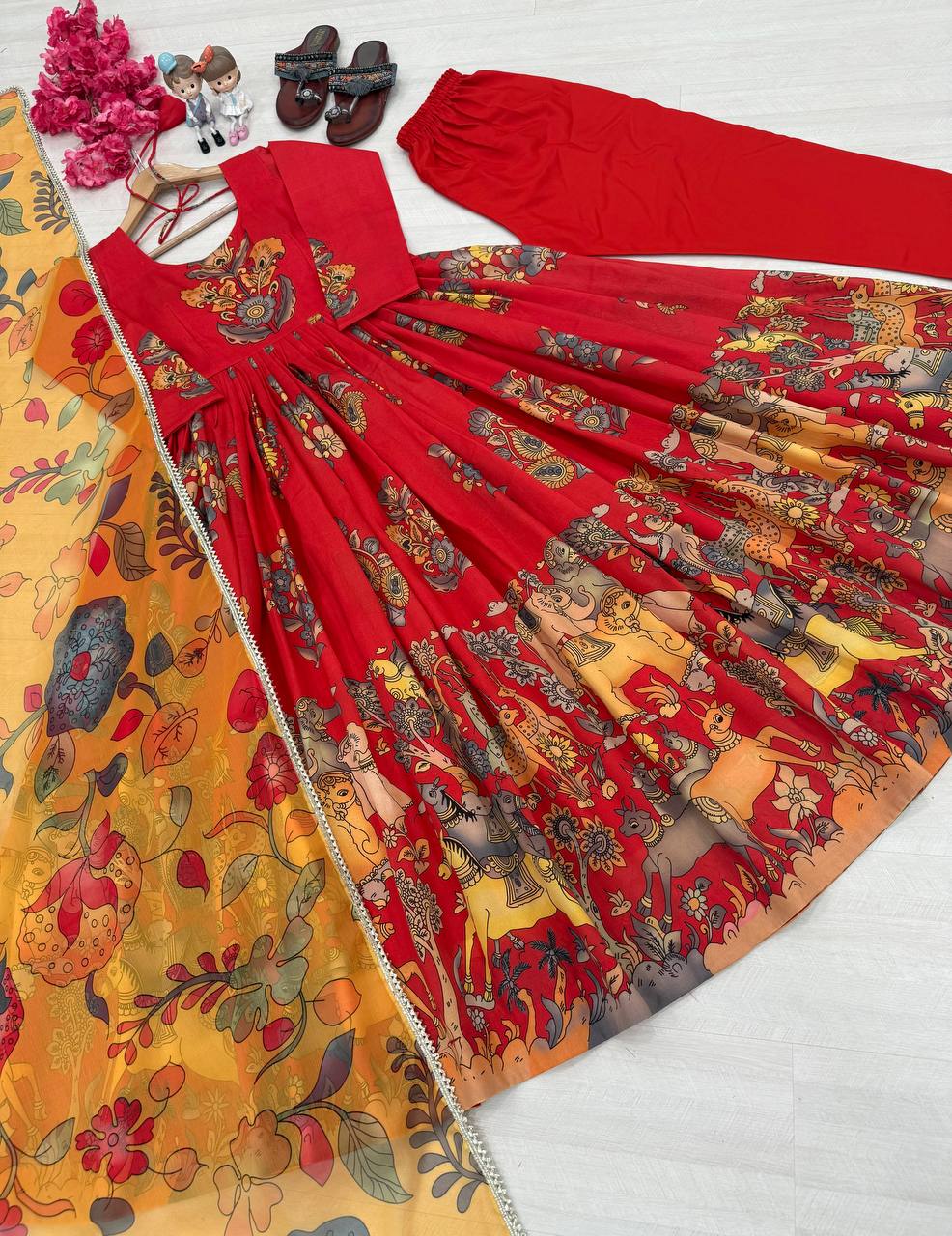 Red Pure Banarasi Silk Digital Print Anarkali Gown with Dupatta Set