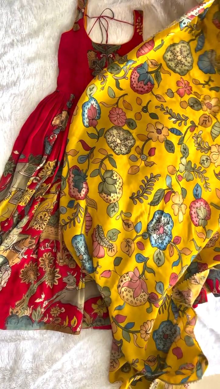Red Pure Banarasi Silk Digital Print Anarkali Gown with Dupatta Set