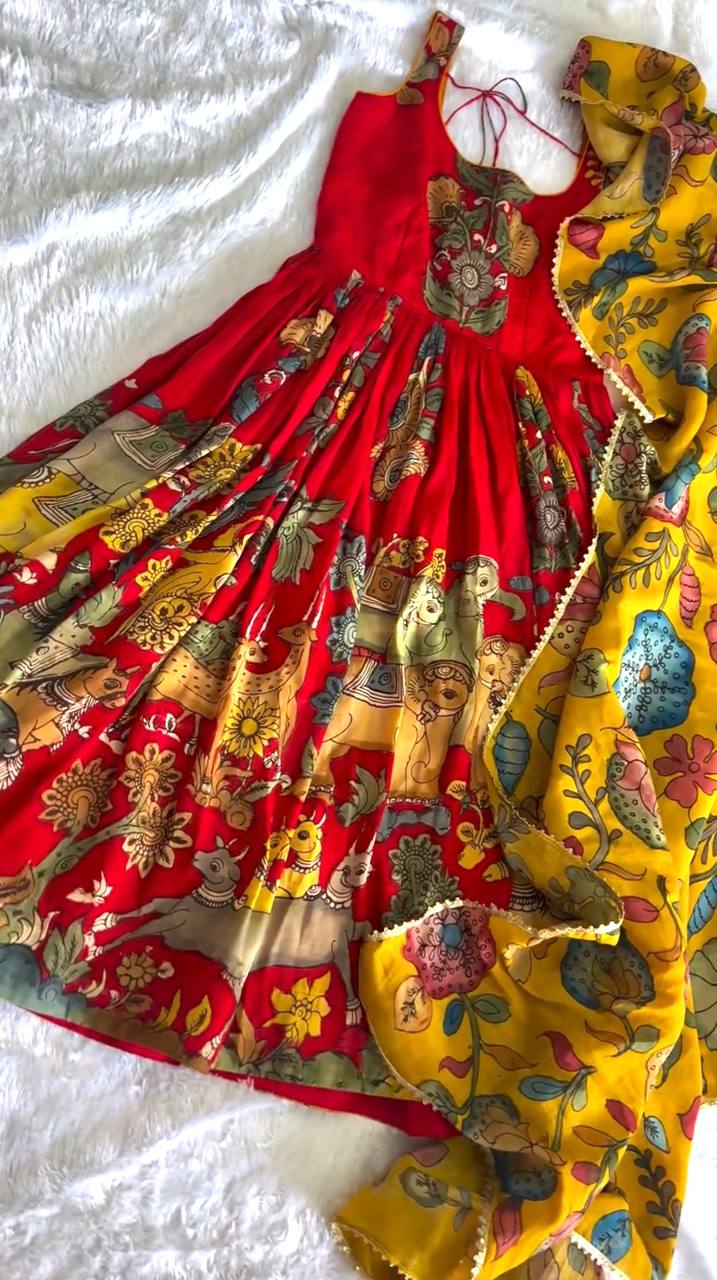 Red Pure Banarasi Silk Digital Print Anarkali Gown with Dupatta Set