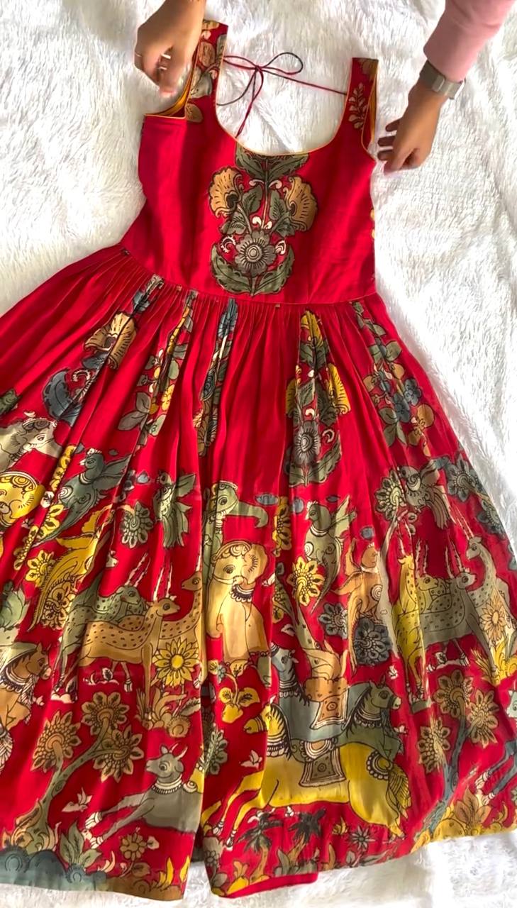 Red Pure Banarasi Silk Digital Print Anarkali Gown with Dupatta Set