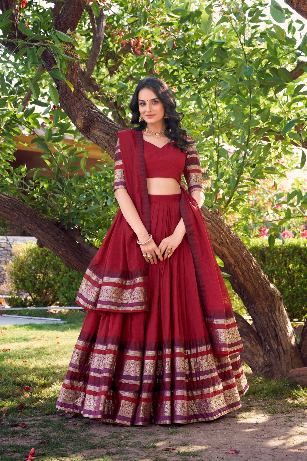 Red Pure Chanderi Elegance Stitched Lehenga Set with Zari Weaving – 3-Piece Ensemble