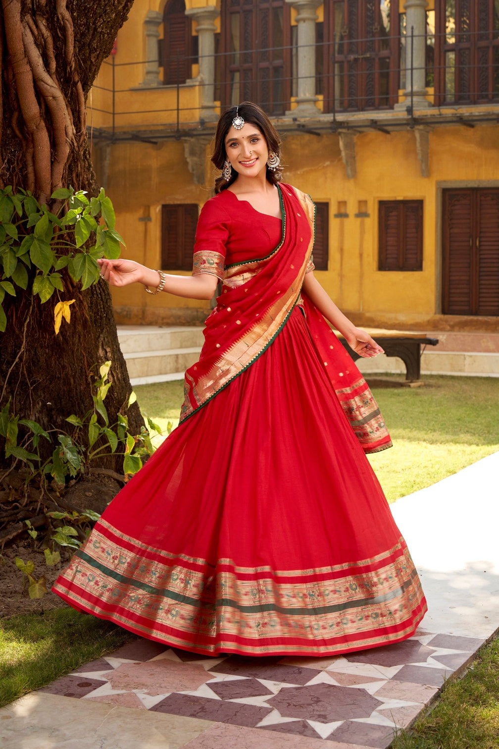 Red Pure Chanderi Zari Weaving Lehenga Choli Set with Gotta Patti Detailing & Matching Dupatta – 4-Meter Flair Fully Stitched Ethnic Wear